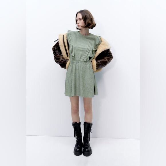 Zara Dresses & Skirts - Zara Long Sleeve Ruffle Mini Dress Medium Women’s Sea Green 8342/252